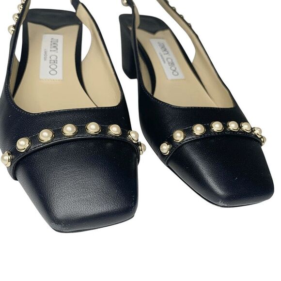 Jimmy Choo Hya 45 Pearl Stud Slingback Pump Black Leather Block Heel Size 37 - Picture 4 of 11